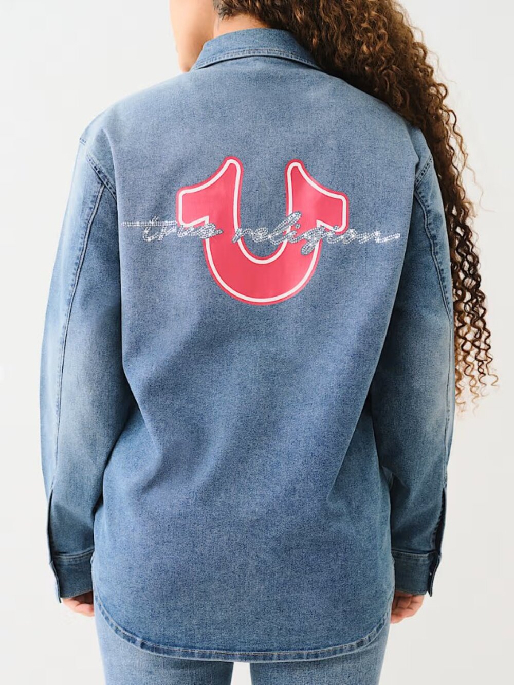 True Religion Oversized Denim Button Up Shirt Crystal Horseshoe Logo Medium Wash